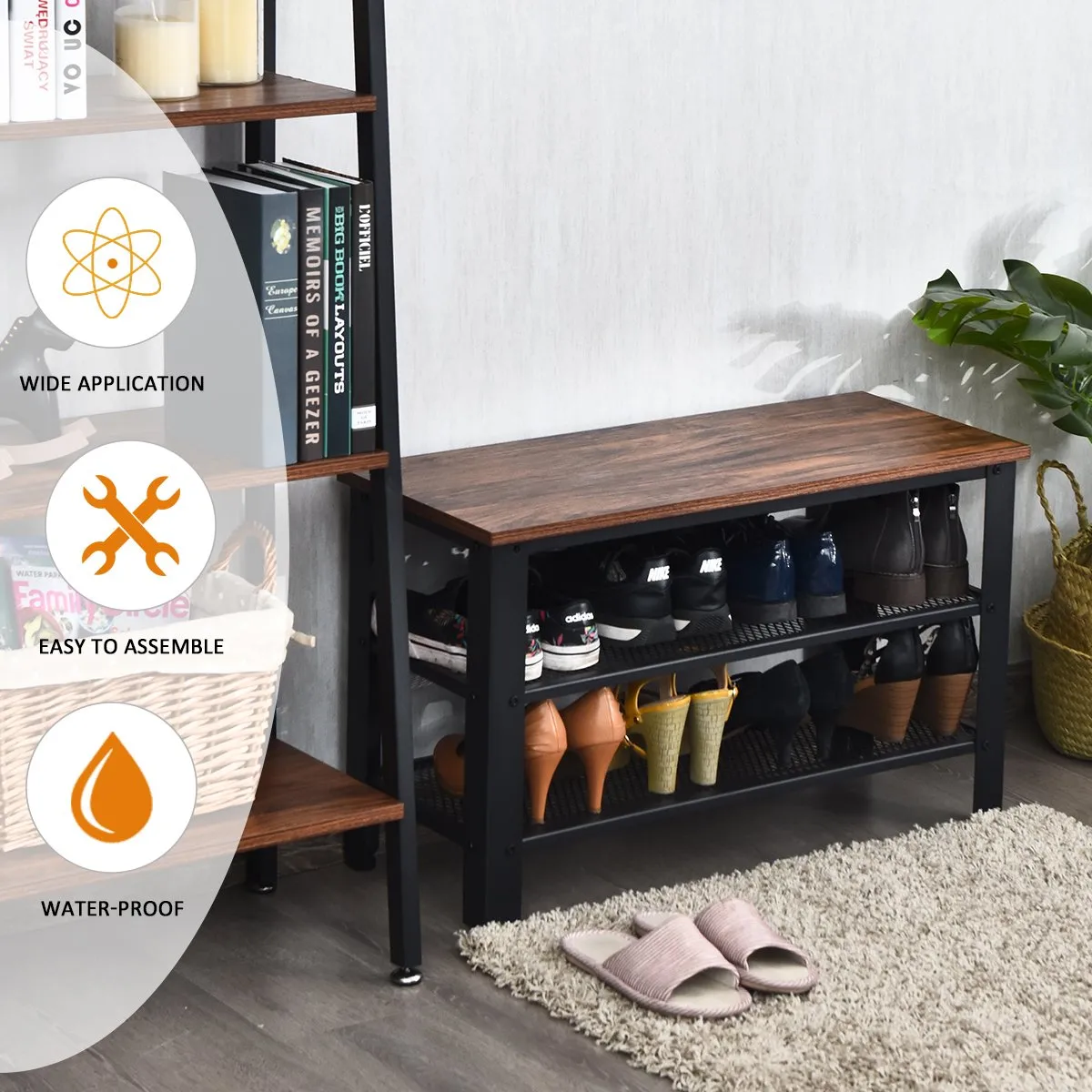 3-Tier Industrial Shoe Rack Bench for Shoes Storage-Black