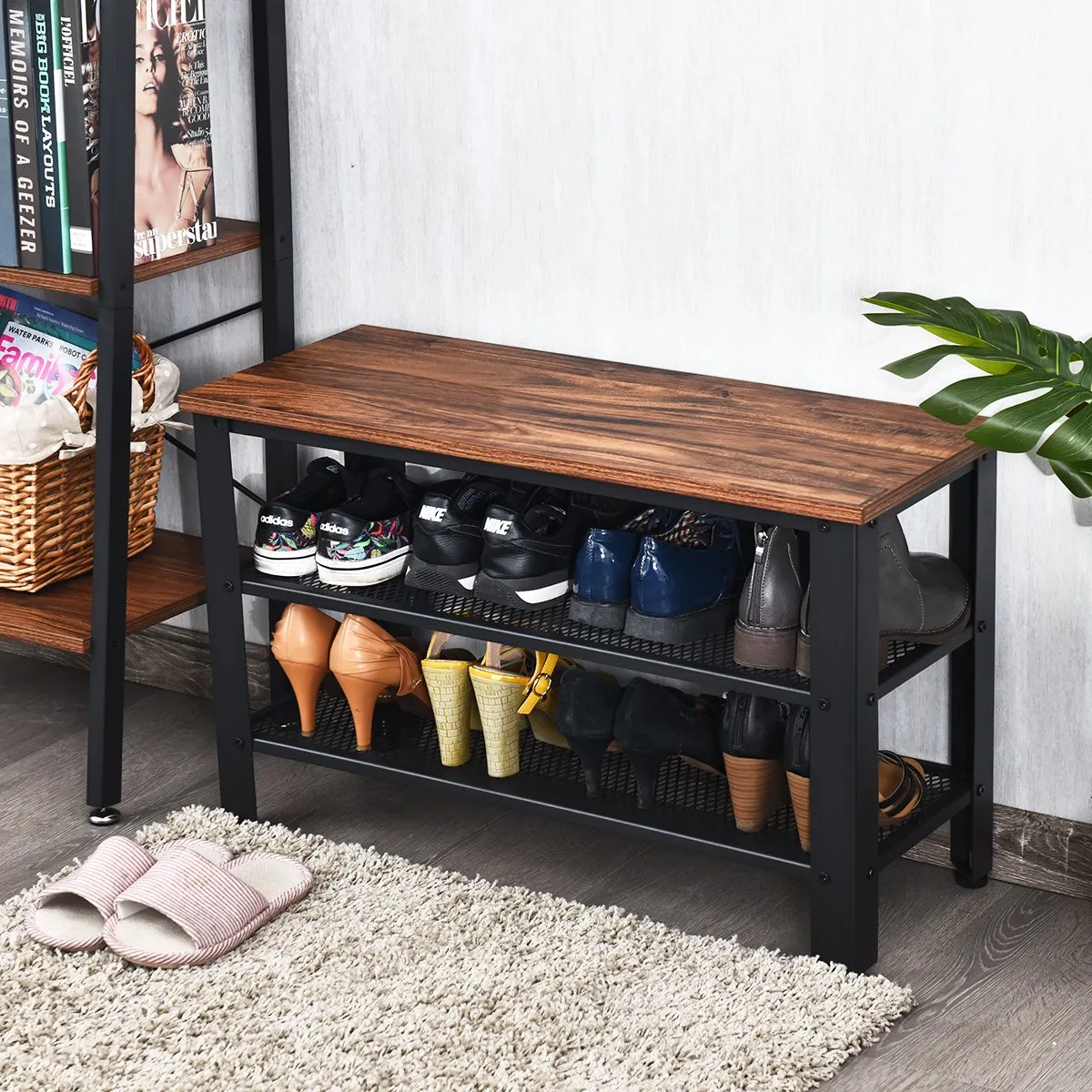 3-Tier Industrial Shoe Rack Bench for Shoes Storage-Black