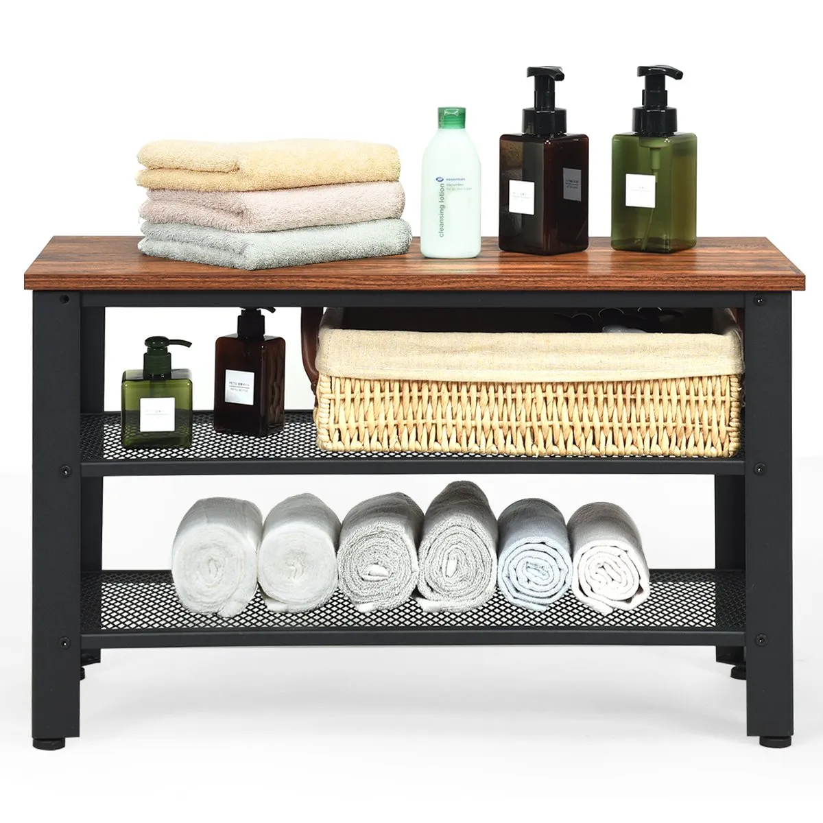 3-Tier Industrial Shoe Rack Bench for Shoes Storage-Black