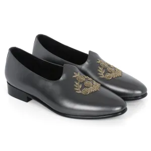 Anza Metallic Grey Hand-Embroidered Ethnic Slip-Ons