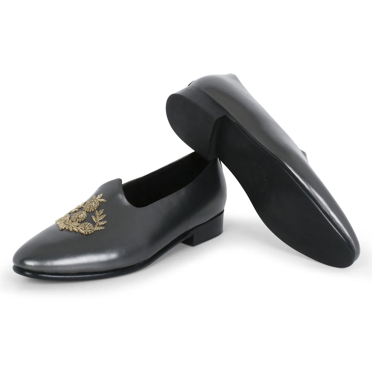 Anza Metallic Grey Hand-Embroidered Ethnic Slip-Ons