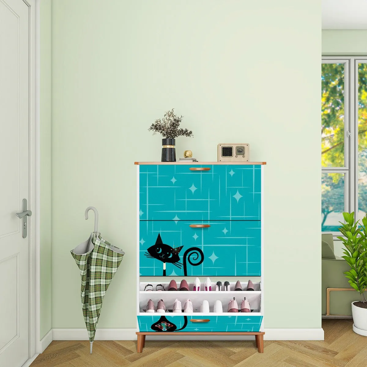 Atomic Kitschy Mod Cat, Teal, Mid Century Modern Shoe Cabinet