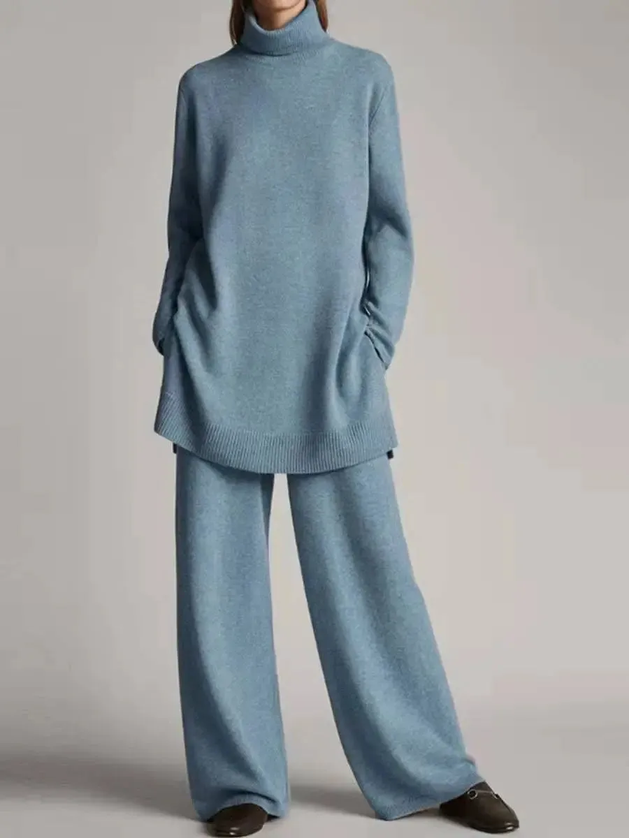 Cantelle Strick-Set | Stilvolles gestricktes 2-teiliges Winterset mit Rollkragenpullover und Hose für Damen