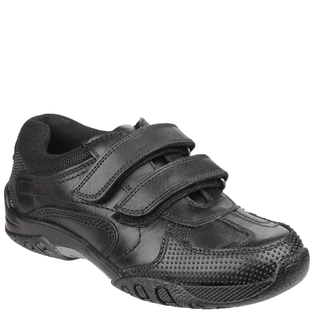 Hush Puppies Jezza Black Leather Boys Custom Fit Velcro School Shoes