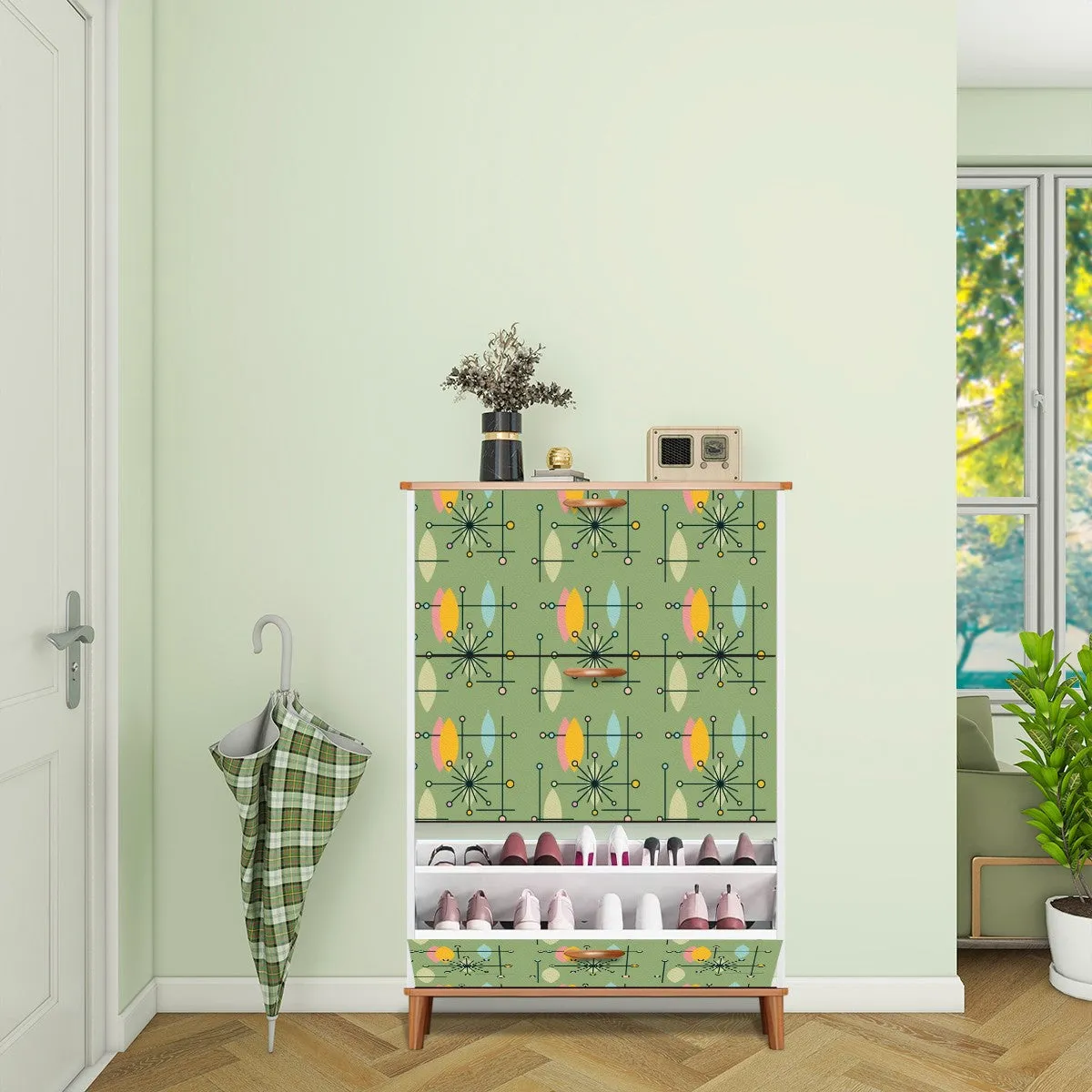 Mid Century Modern Green Yellow Atomic 50s Shoe Cabinet Storage Drawers