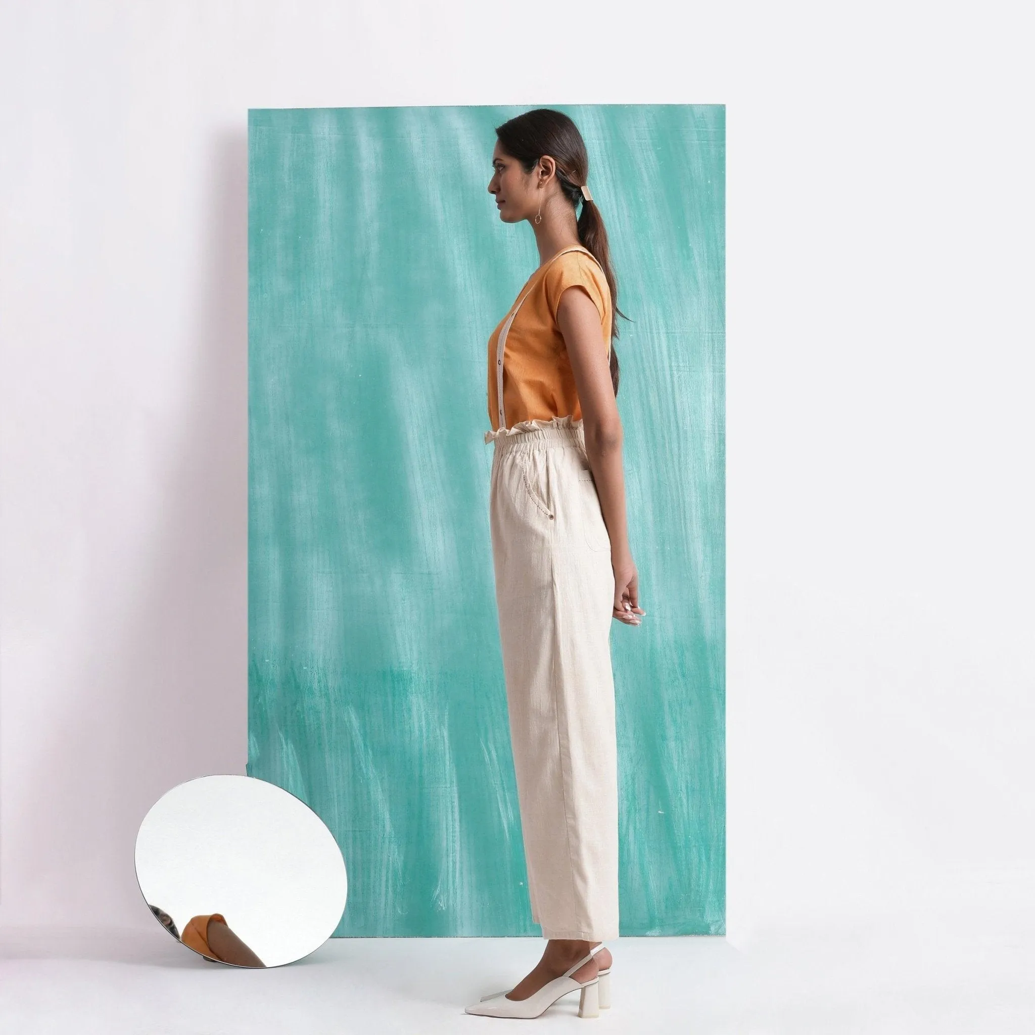 Mirror Work Cotton Muslin Elasticated High-Rise Suspender Pant