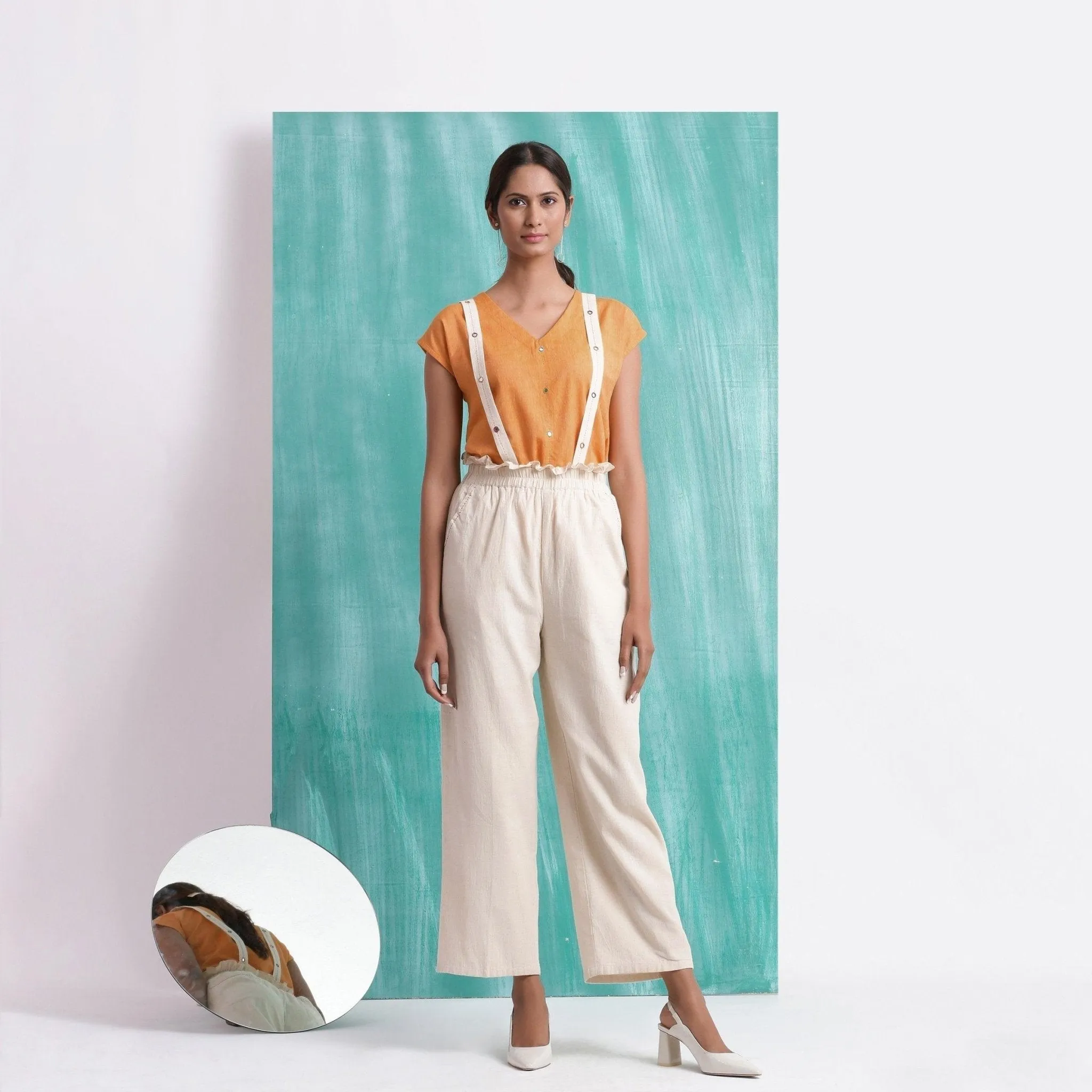 Mirror Work Cotton Muslin Elasticated High-Rise Suspender Pant
