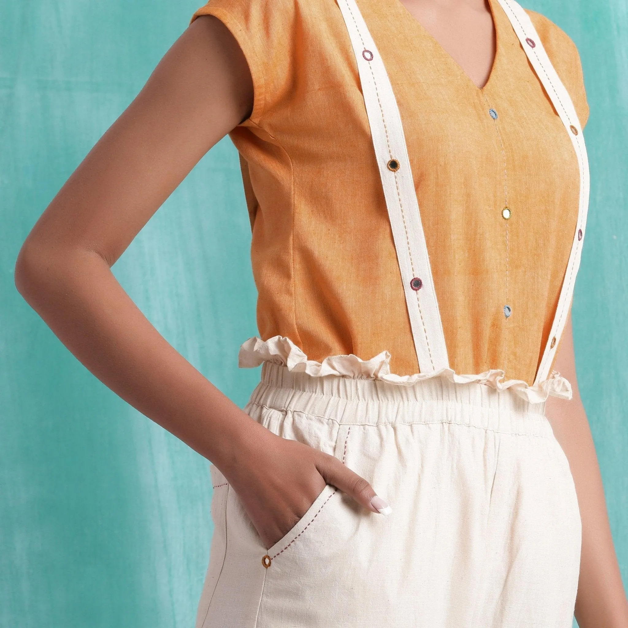 Mirror Work Cotton Muslin Elasticated High-Rise Suspender Pant