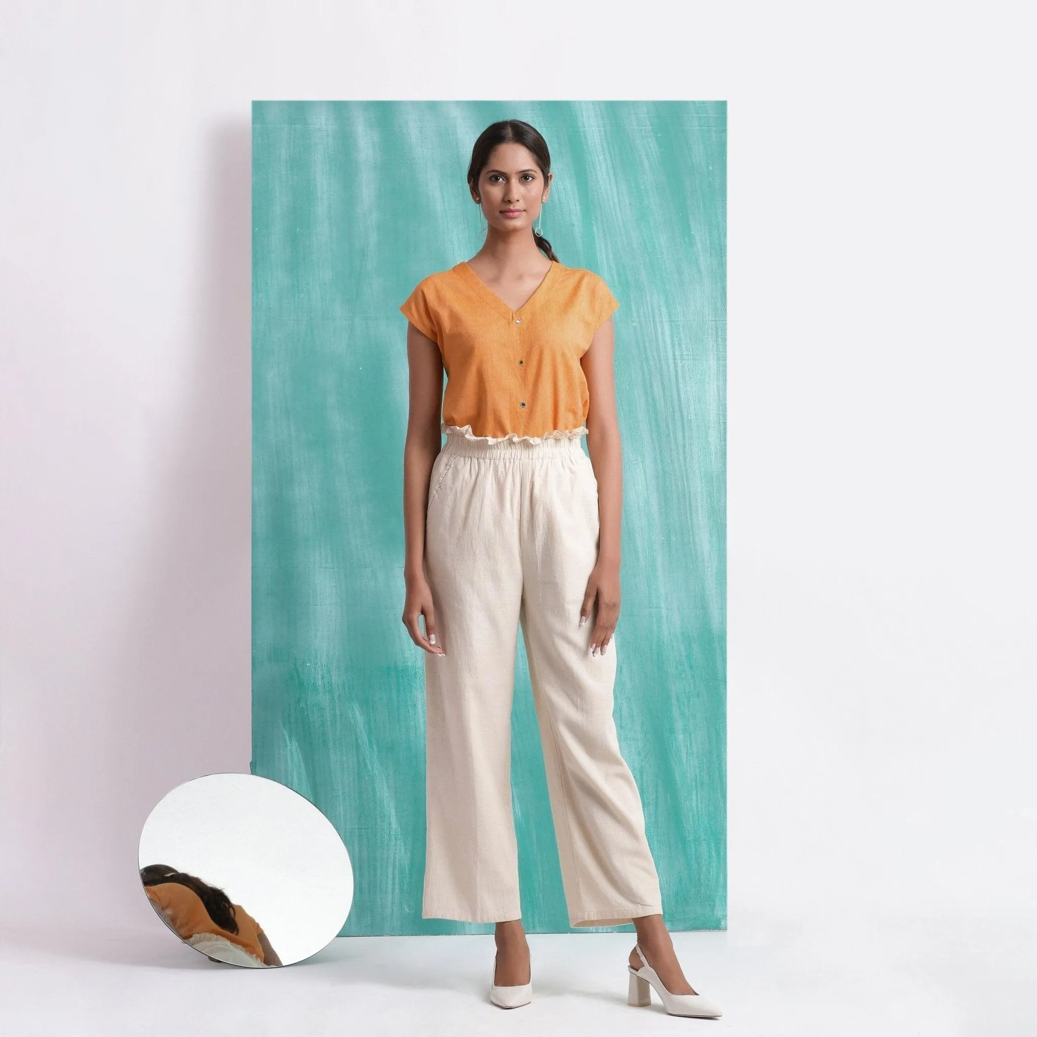 Mirror Work Cotton Muslin Elasticated High-Rise Suspender Pant