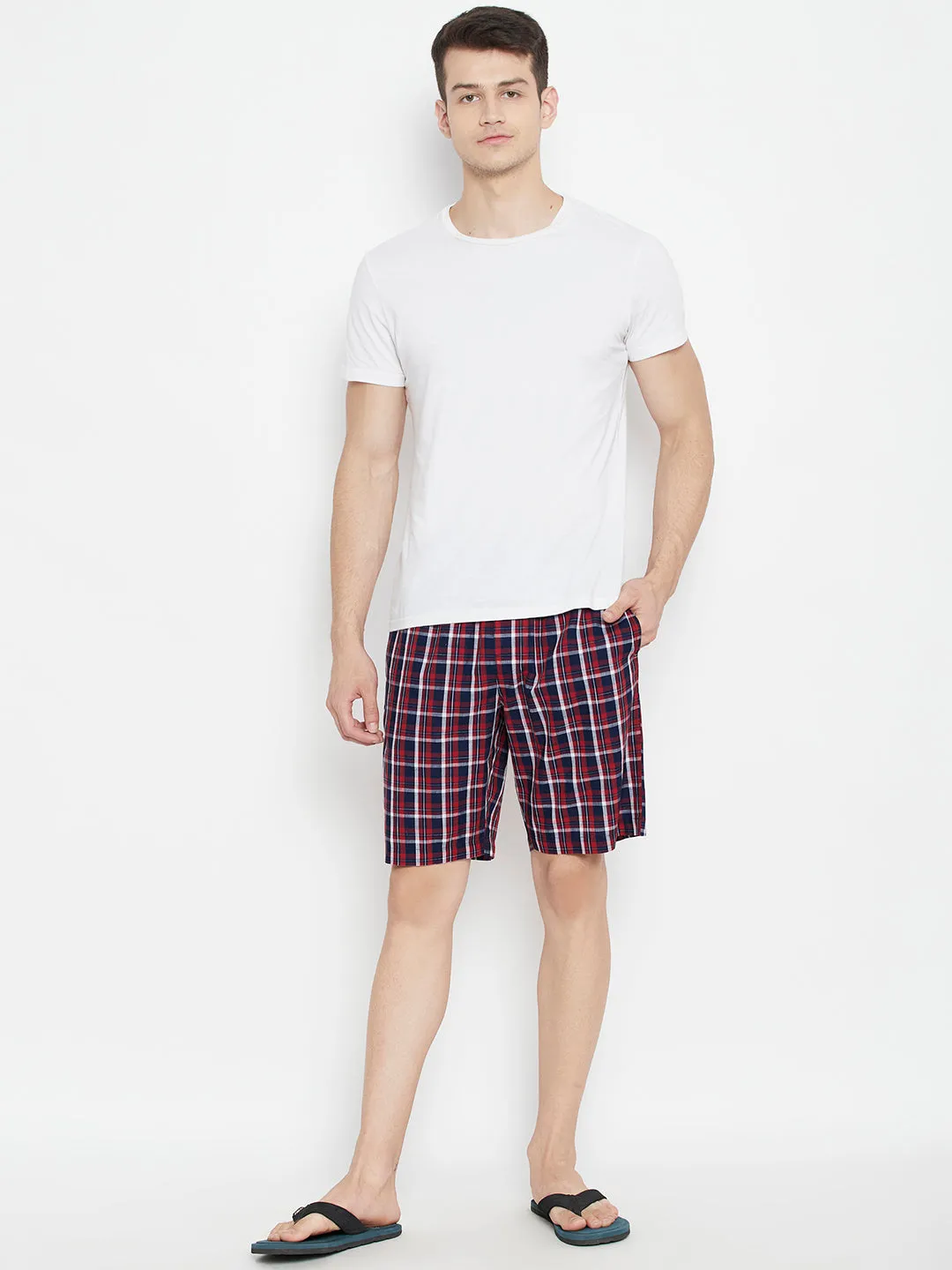 Red Checked Slim Fit Lounge Shorts