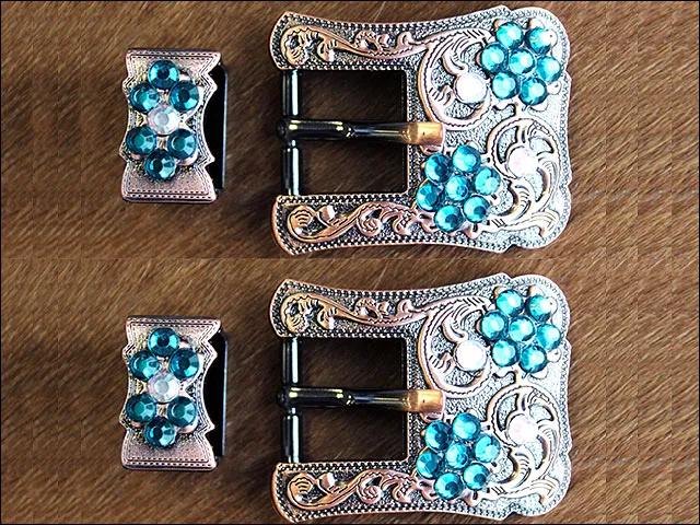 Screw Back Concho Copper Buckle Set Emerald Crystal Bridle